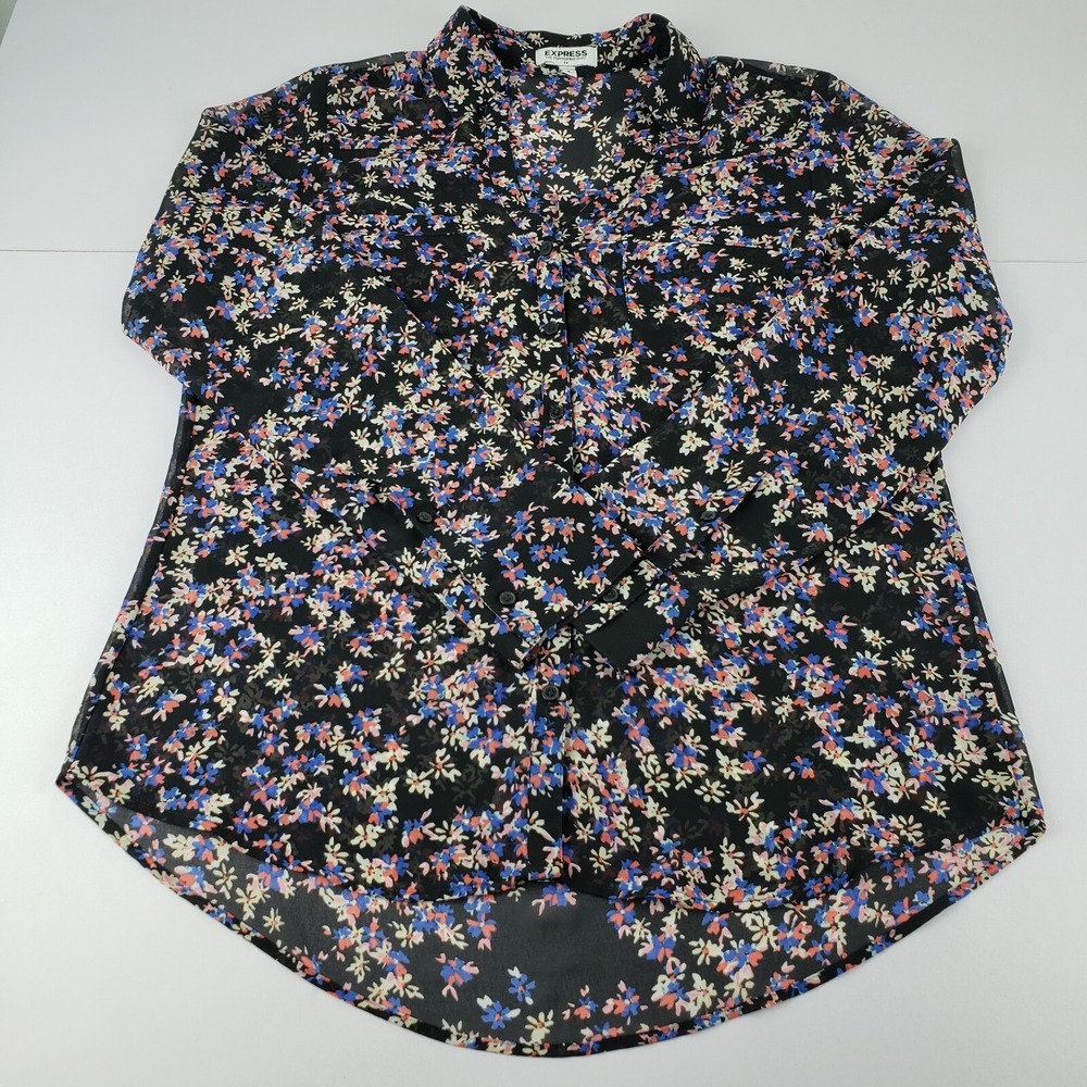 Express Portofino Blouse Shirt Women's Medium Black Floral‎ Long Tab Sleeve